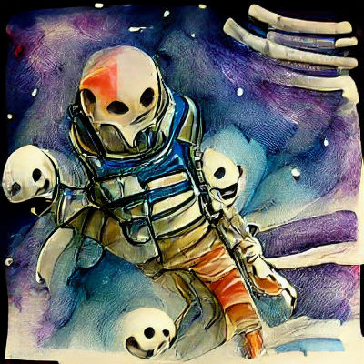 Scary skeleton astronaut in space watercolor