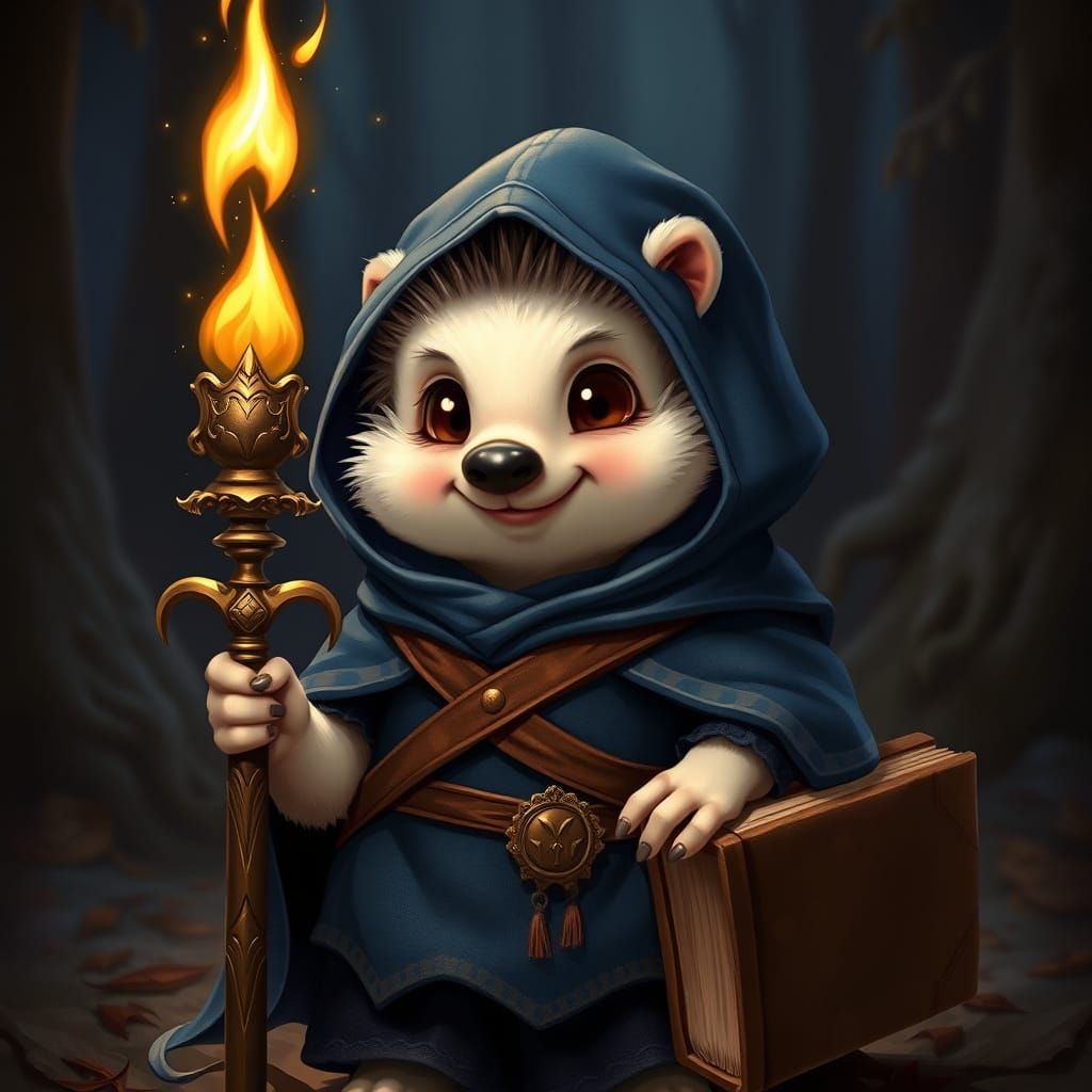  image beautifully portrays Quilliam, the whimsical hedgehog cleric from a Dungeons and Dragons adventure.
Quilliam stands upright, a tiny f...
