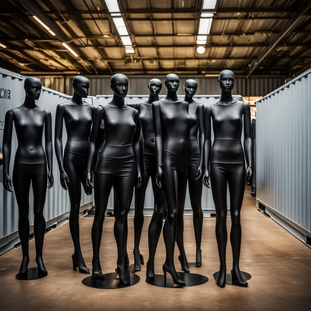A group of female mannequins wearing black fabric, standing ...