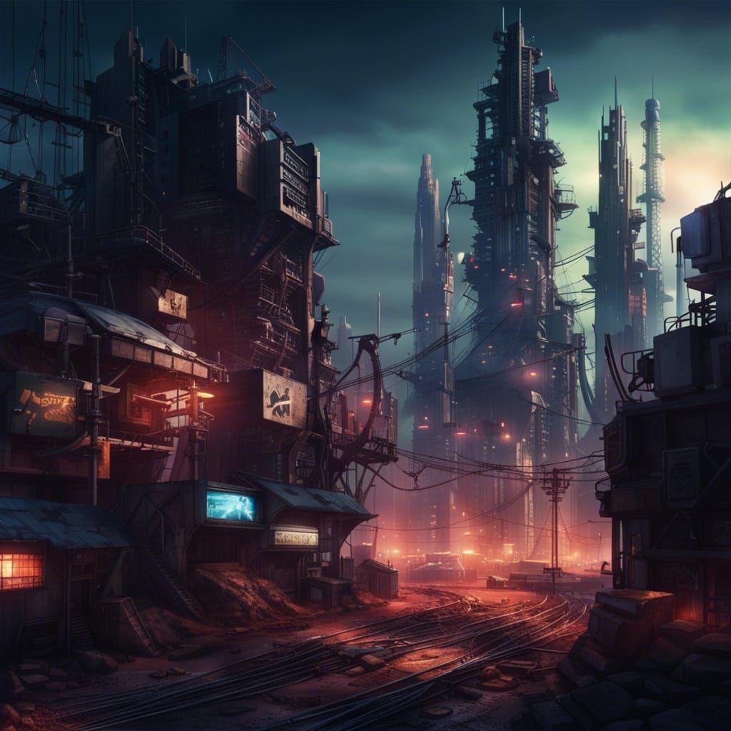 Dystopian cyberpunk city surrounded by fields of slab and ru...