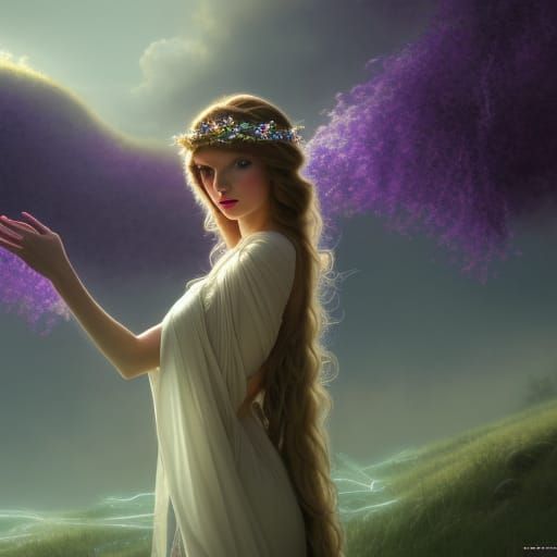 taylor swift, long purple wavy hair, glowing aura, mysteriou...