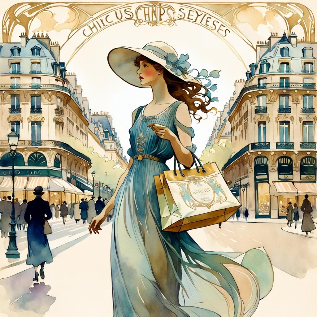 Elegant Woman with Shopping Bag in Art Nouveau Style