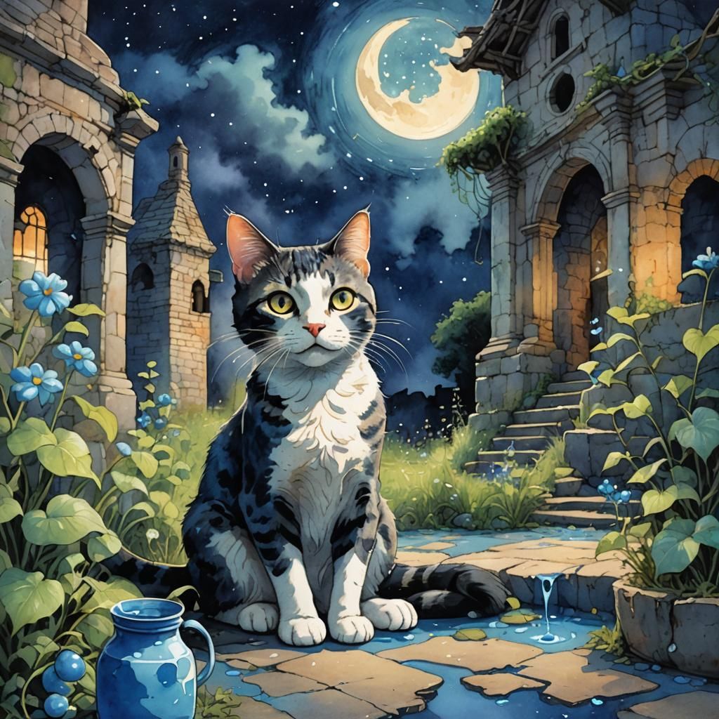 Mischievous Cat Guarding Magical Milk, Miyazaki Style