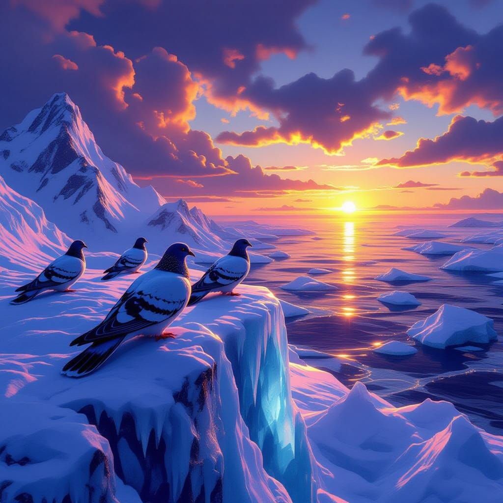 Doves Perched on Glacier's Edge in Dark Fantasy Landscape