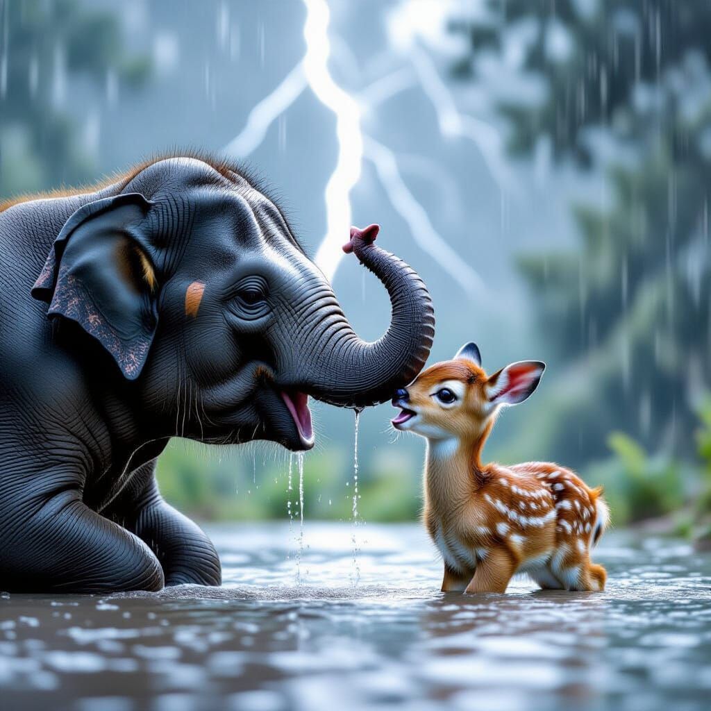 Dumbo Protects Bambi From Heavy Rain