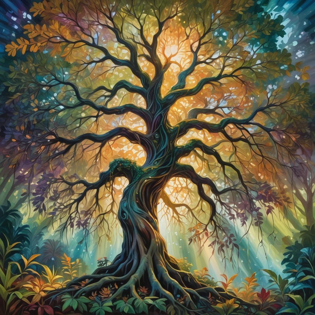 Ethereal Paradise: Mystical Tree in Vibrant Oil Painting