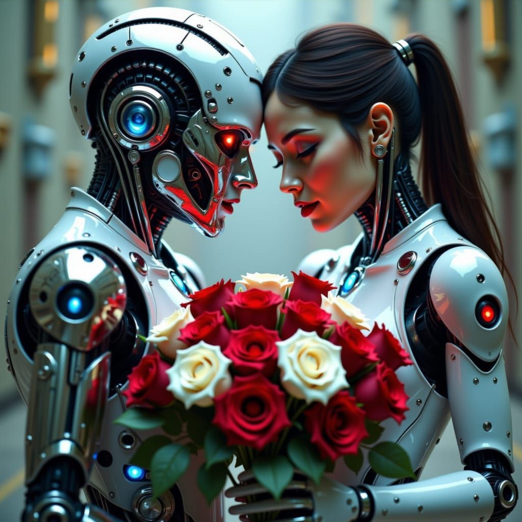 CYBORG;

Male Cyborg and female Cyborg huging some bouket of red and white roses. <lora:The Ciborg of Red:1.0>