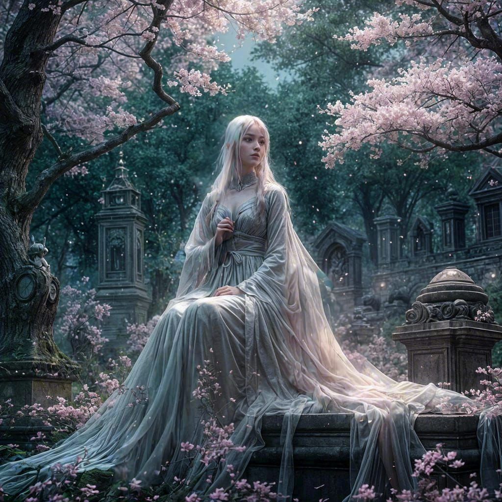 A Ghostlike woman sitting in an old graveyard beneath Sakura...