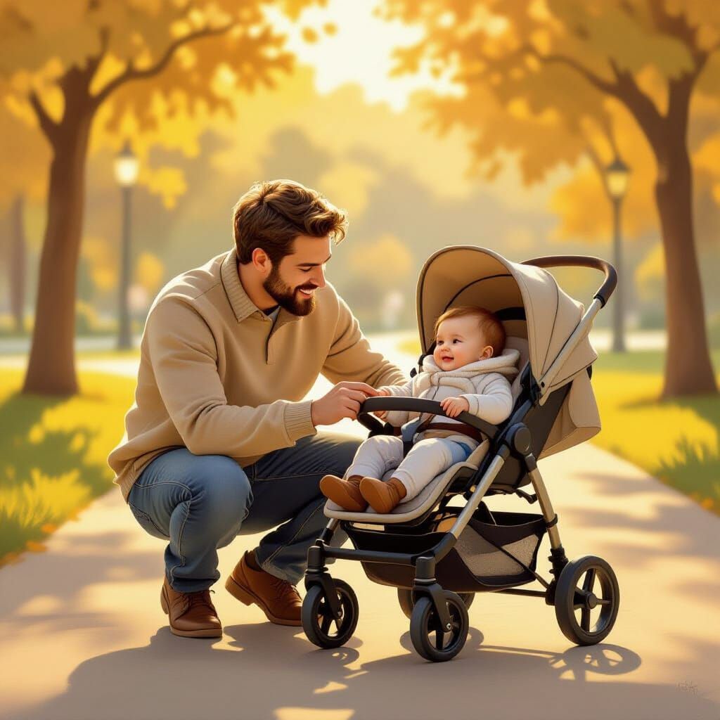 Father Plays With Baby in Stroller, Soft Digital Painting