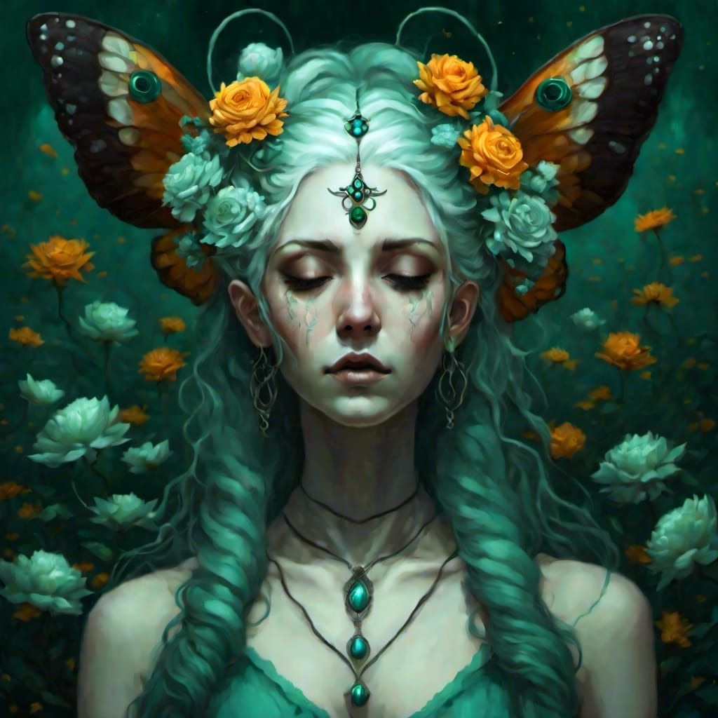 <lora:Sleep Token:1.0> (woman with silver hair) and (seafoam green flowers in her hair:1.5) dark seafoam green phosphorescence My, my, those...