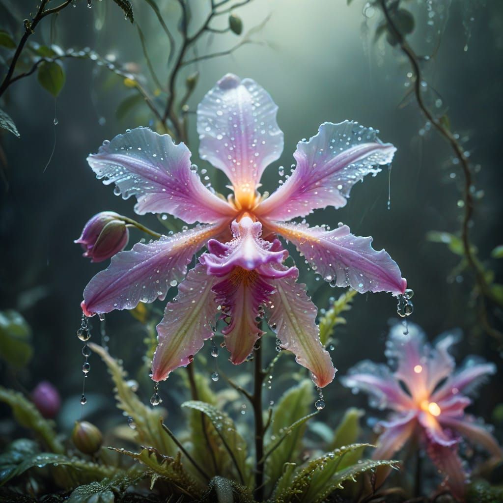 Glowing Ethereal Rose-Orchid-Jellyfish Plant in Dreamy, Irid...