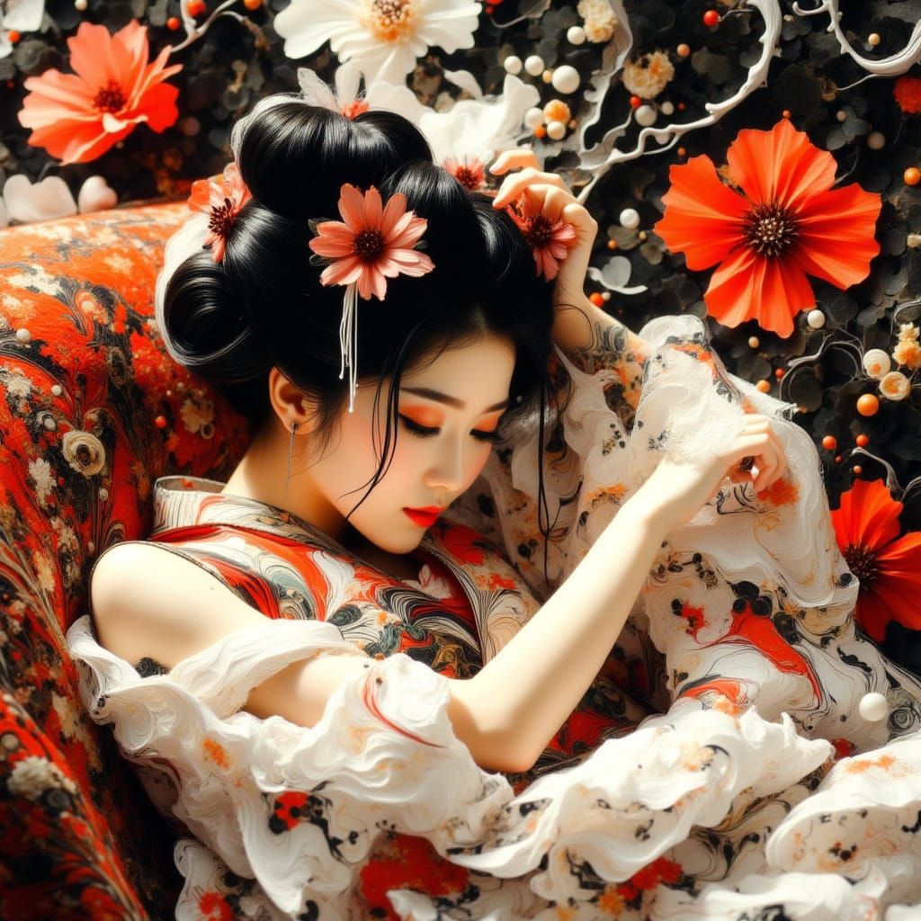 <lora:JPO:1.0> Beautiful Geisha laying down on the couch, graceful pose. Perfect composition, perfect anatomy.