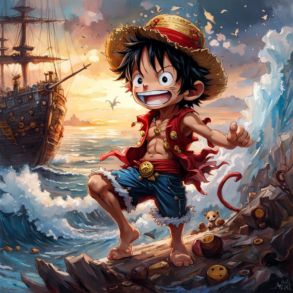 Chibi Monkey D Luffy on Sea Beach