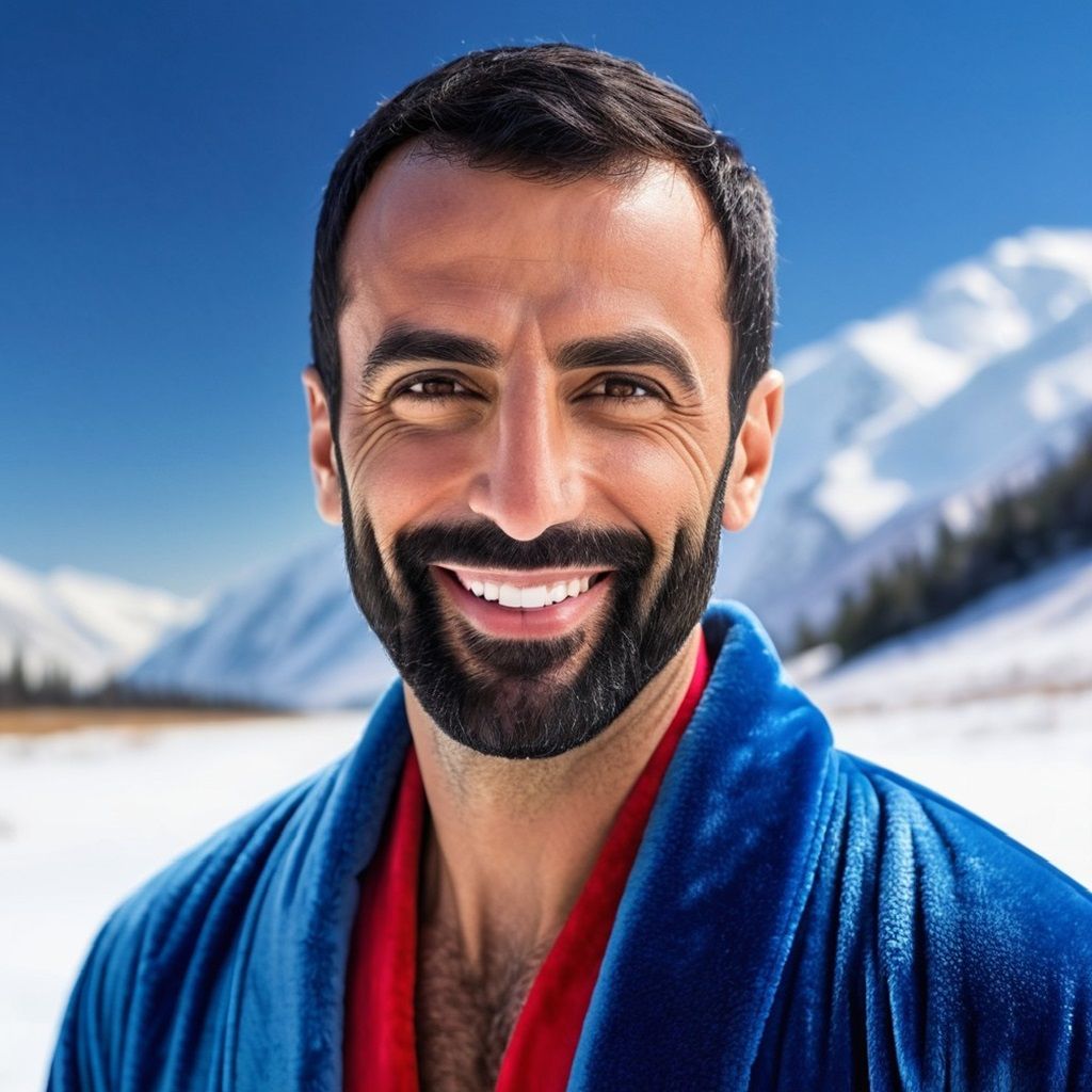 Portrait of a handsome man with   black  hair and beard wear...