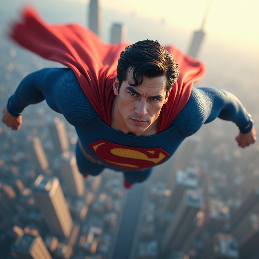 Superman flying horizontally and looking at me as he flys by
