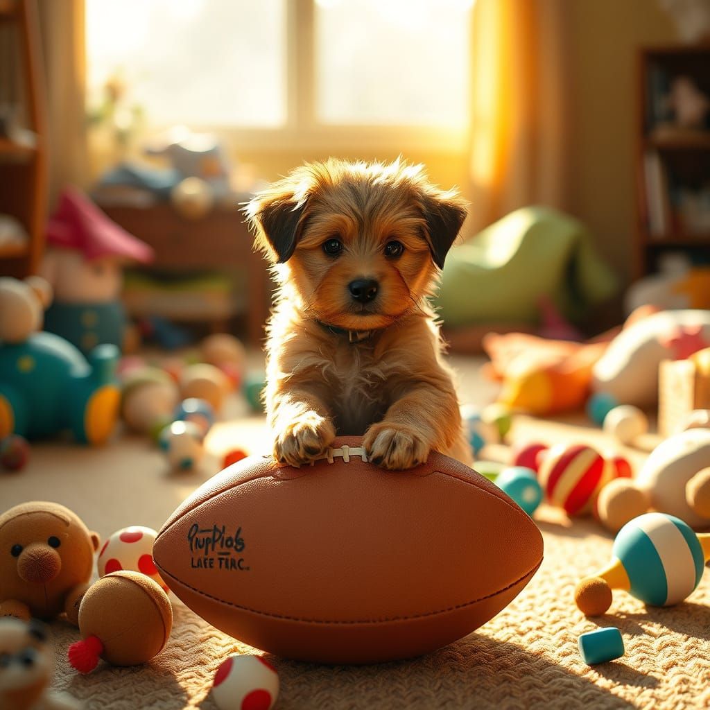 Whimsical Puppy in Warm, Sunlit Room
