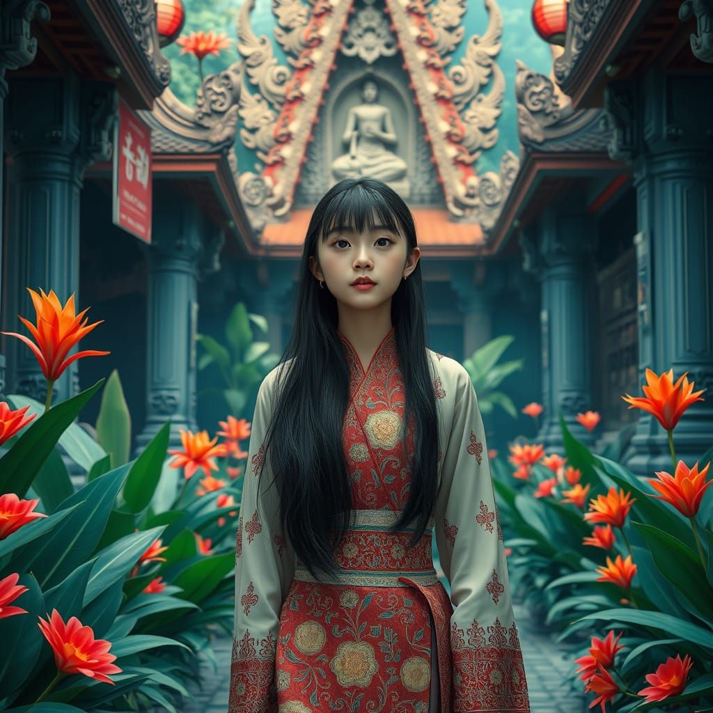 A Serene Thai Temple Scene in Vibrant Tropical Colors