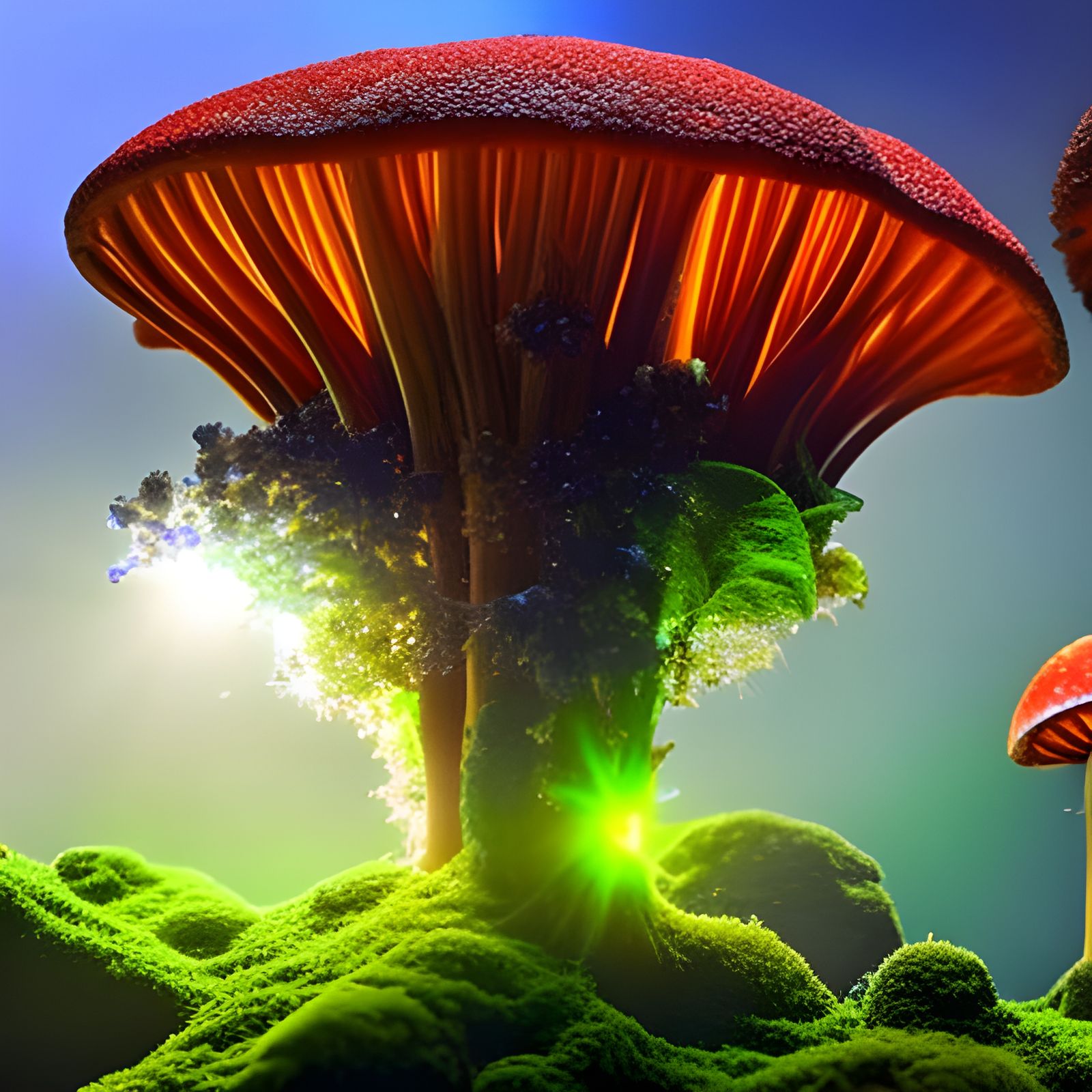 Microscopic Fairies Under Sparkling Mushroom Forest
