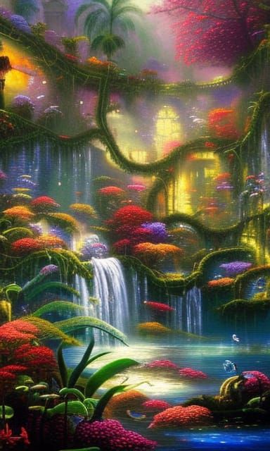 Under Water Tropical Overgrown city covered in vines and mos...