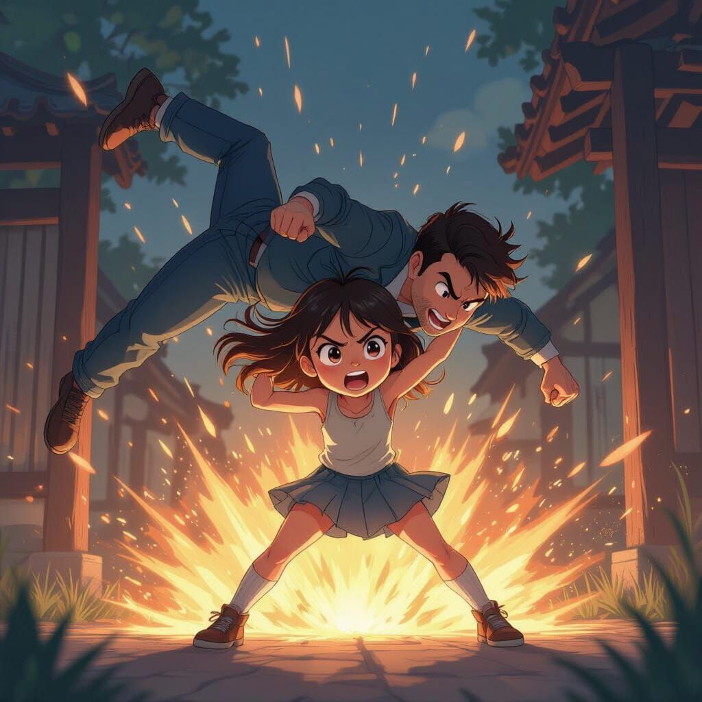 “Small but mighty” in text. Show a girl throwing a guy over her shoulder in animated way