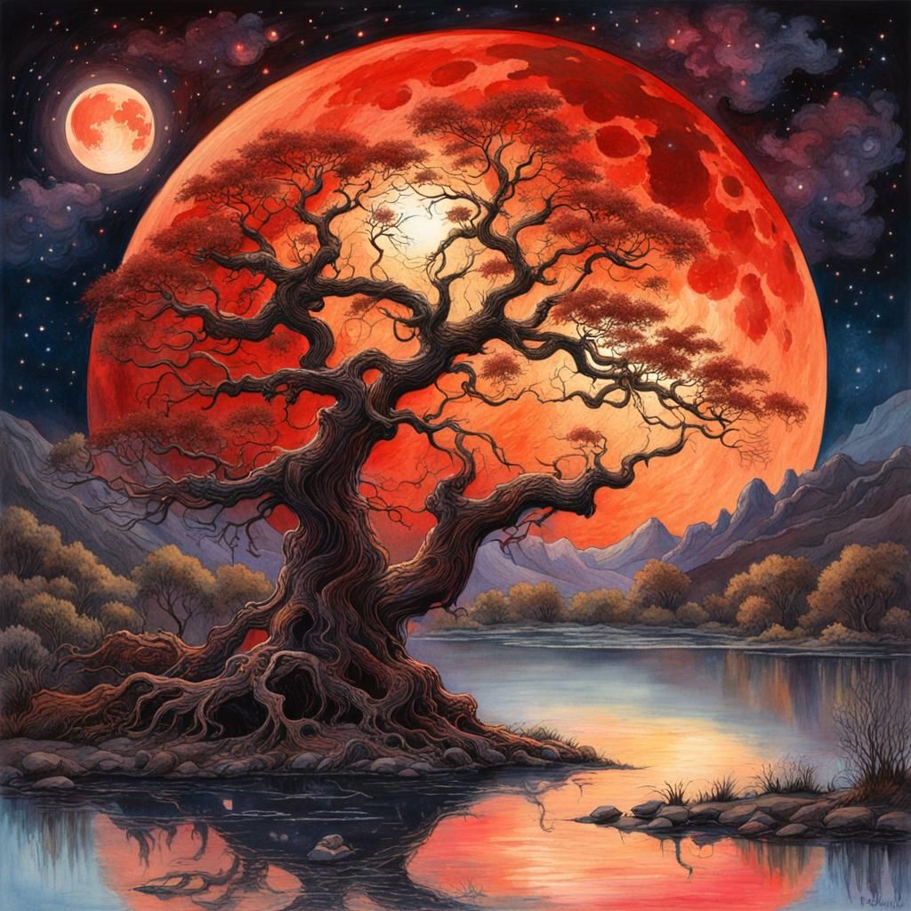 Artistic illustration, blood moon touching it's mirror like reflection in a pond, stars, blood moon,old ...  by @Llama Rich