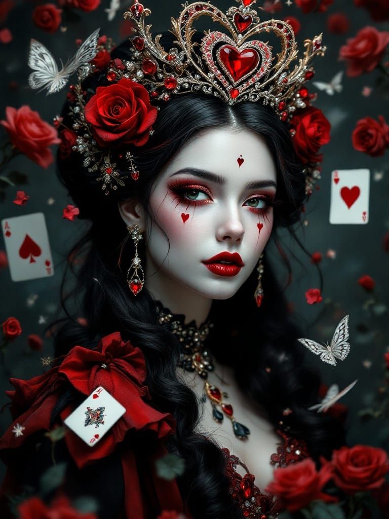 A whimsical, gothic Queen of Hearts with a surreal, doll-lik...