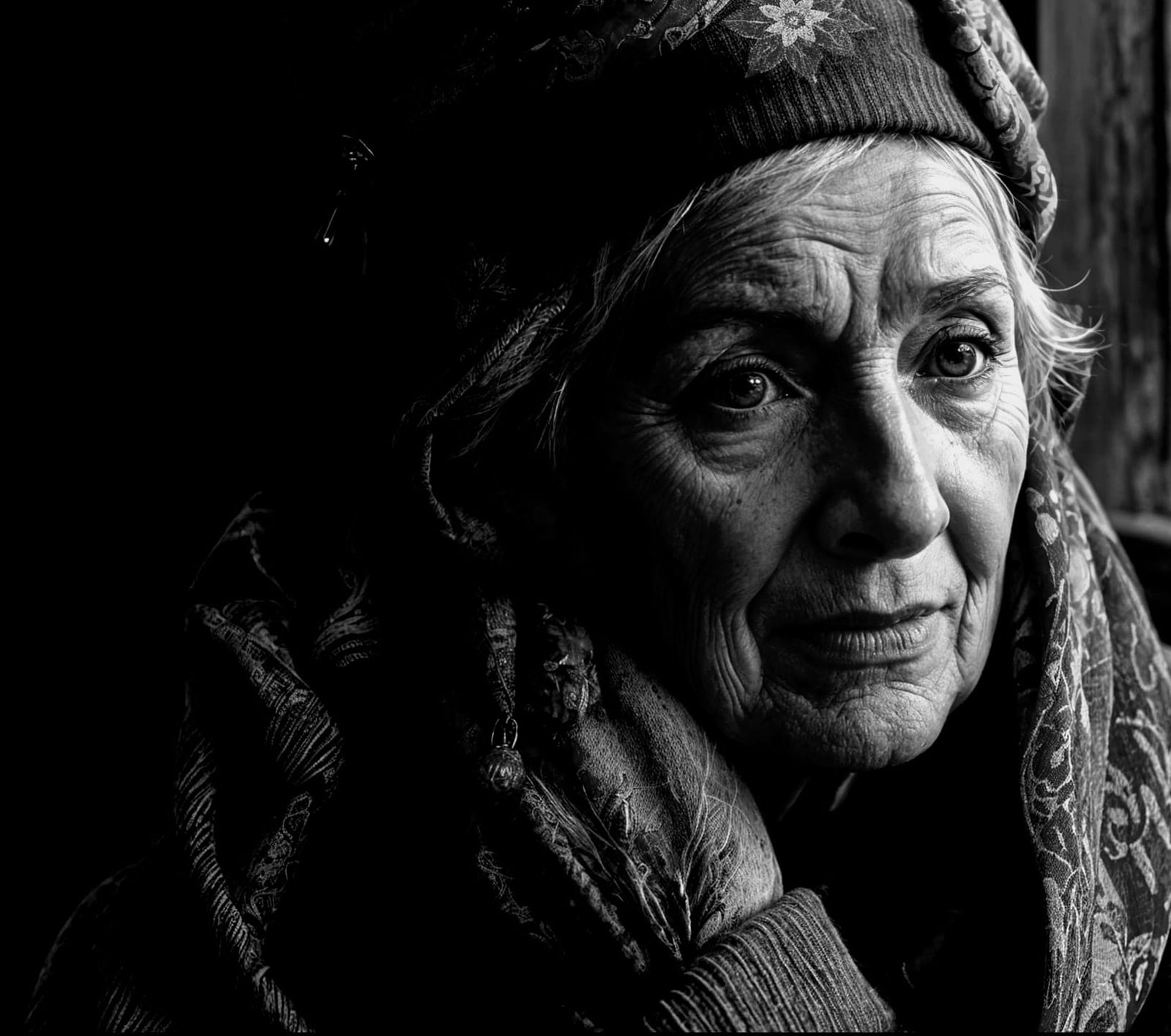 Photorealistic, ultra sharp, old woman with colored scarf an...