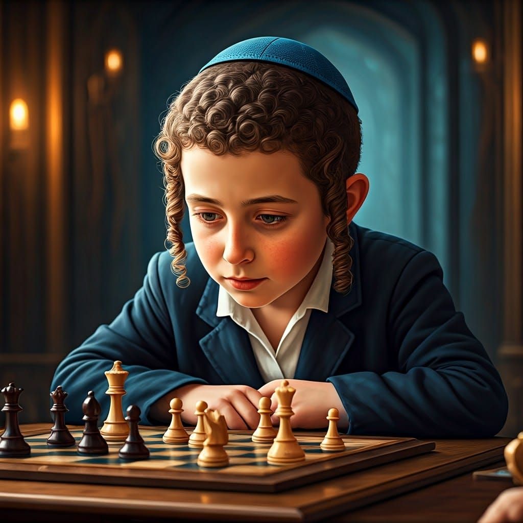 Adorable Jewish Boy Playing Chess in Dreamlike 8K Painting