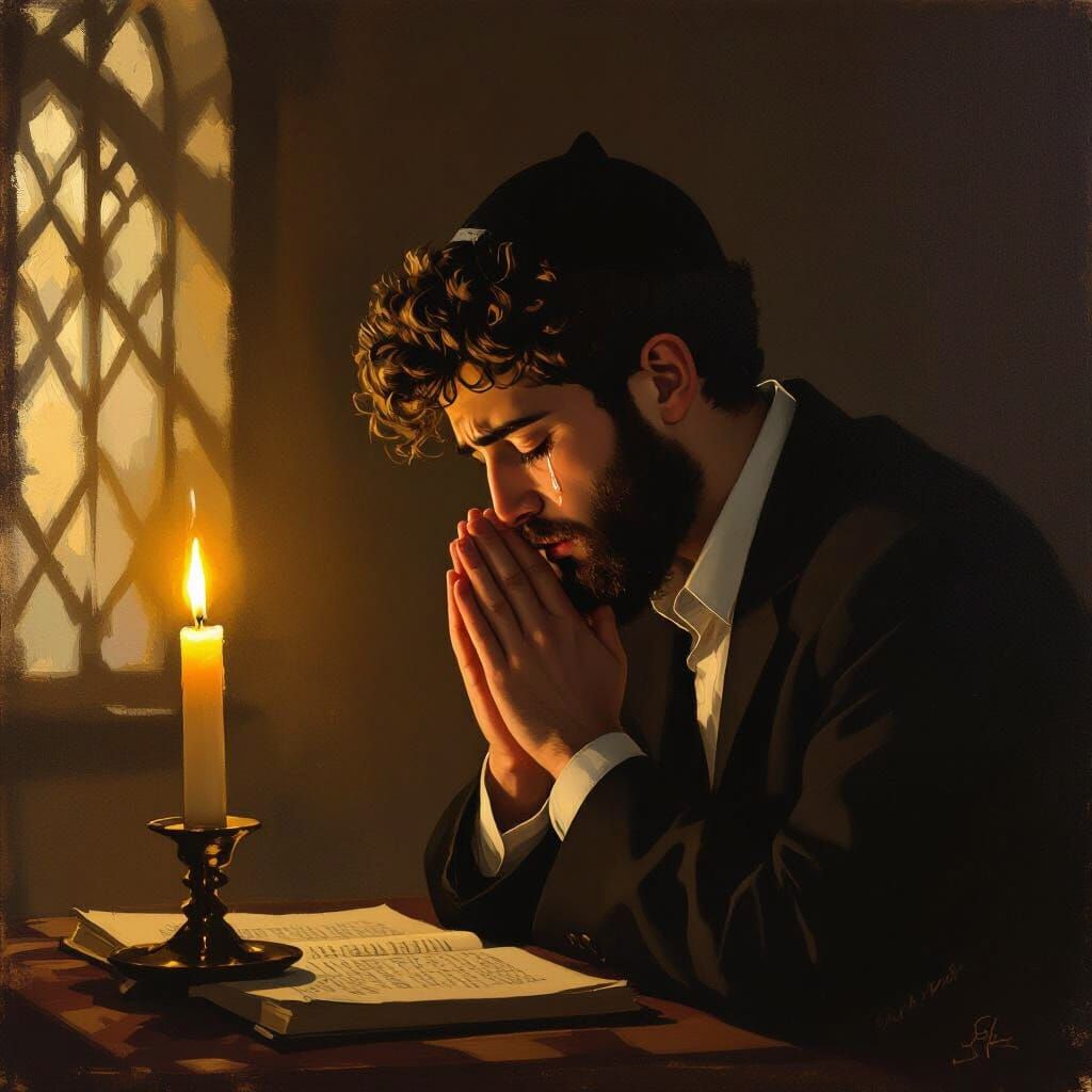 Tearful Prayer of a Young Yeshiva Scholar in Soft Light