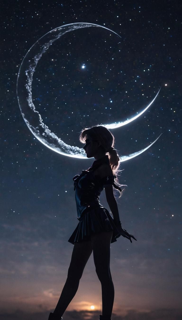 Double exposure of a crescent moon in front of a silhouetted...