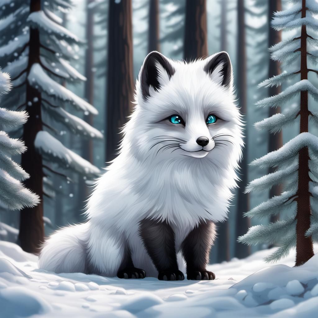 Cute Arctic Fox in Winter Forest, Anime Style