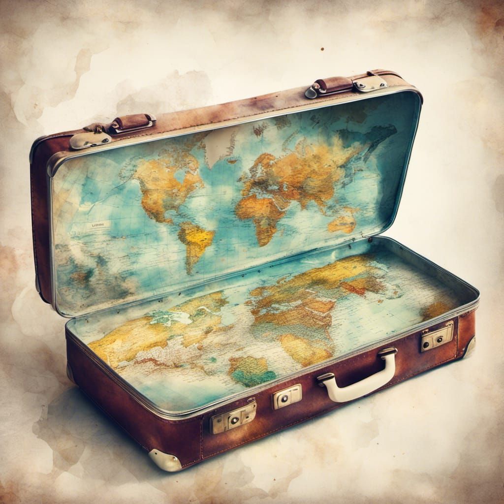 <lora:MJ6 Watercolor DE:1.0> double exposure of suitcase and map on a white background, stock vector illustration, modern surrealism-influe...
