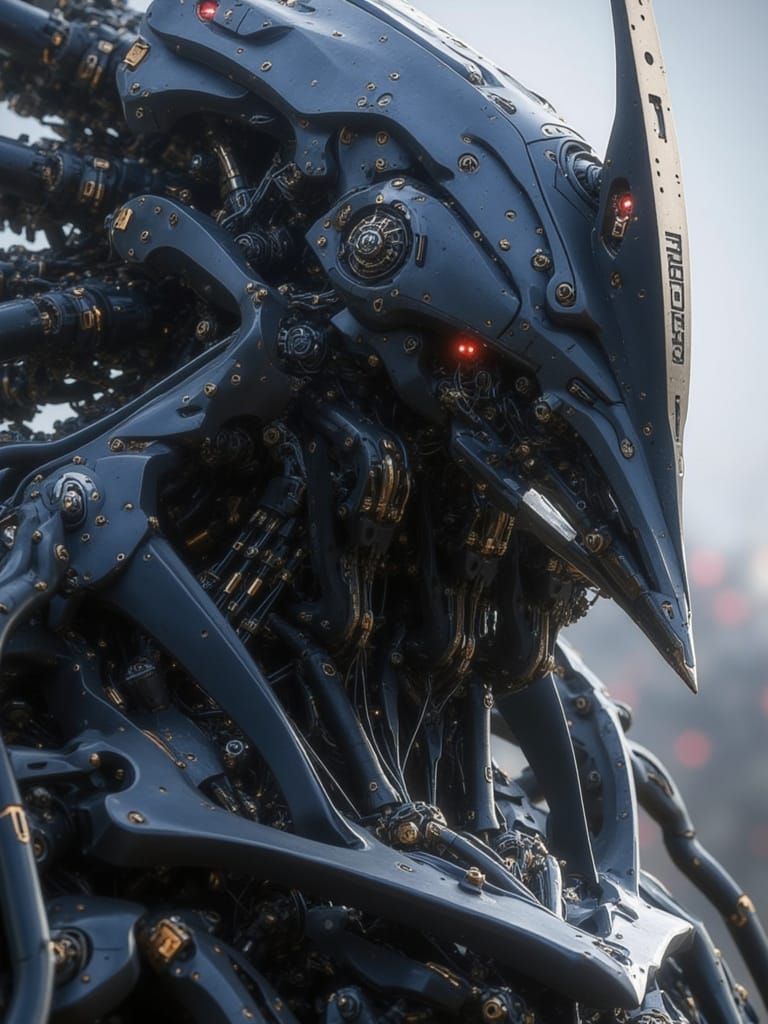 <lora:Predatory Mecha II:1.0> an incredibly detailed mecha design with a futuristic and military-inspired aesthetic. Its angular head featur...