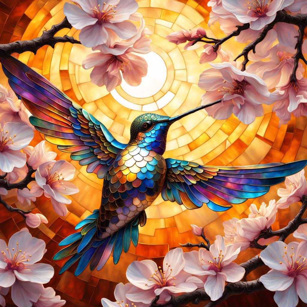 Surreal hummingbird with textures, like stained glass, vibrant colors, perfectly formed, cherry blossom ...  by @Hummingbirdartiste