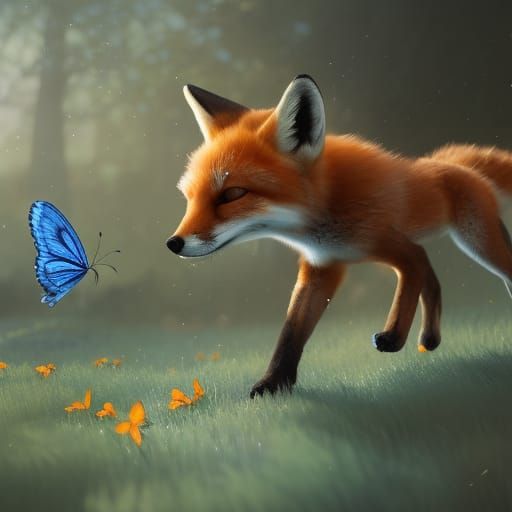 A baby fox chasing a blue butterfly