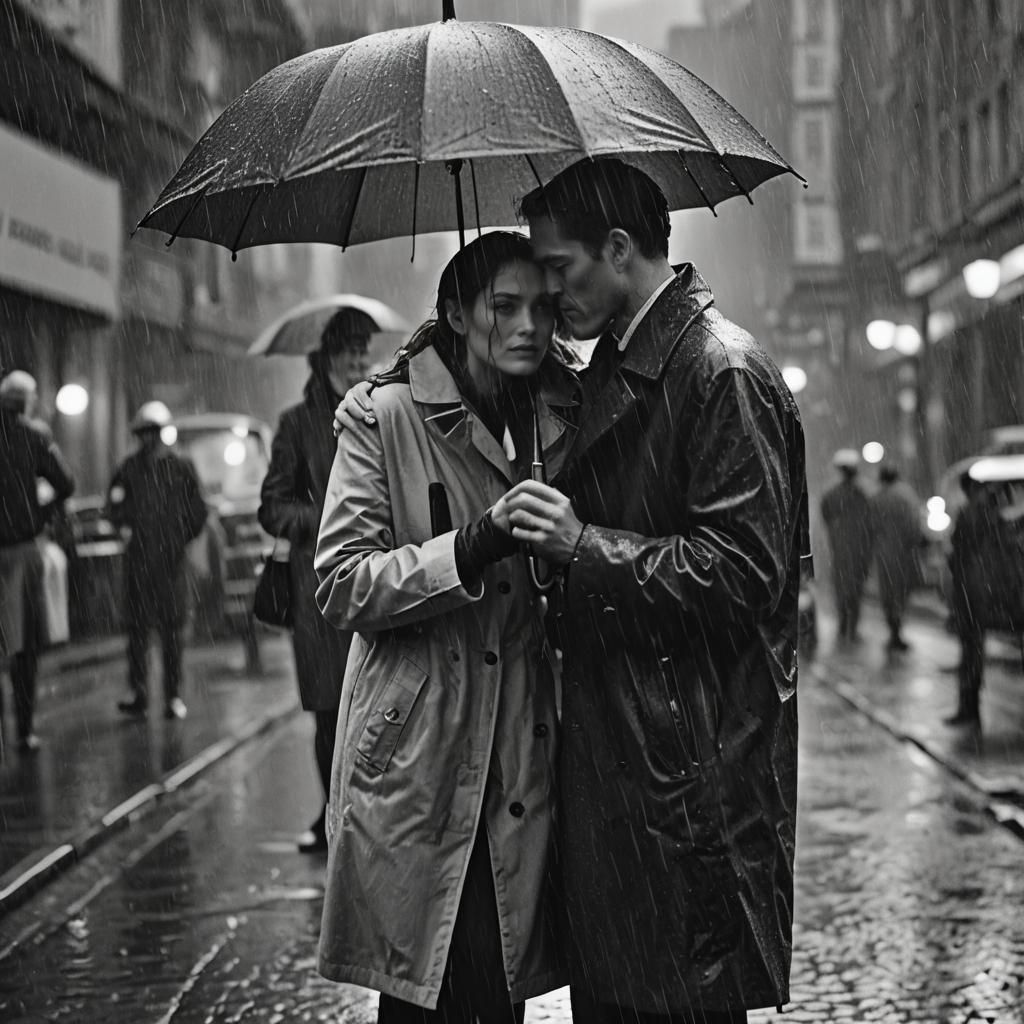Two people stand close together under a shared umbrella in the rain. The scene is captured in the iconic black-and-white style of Peter Lind...