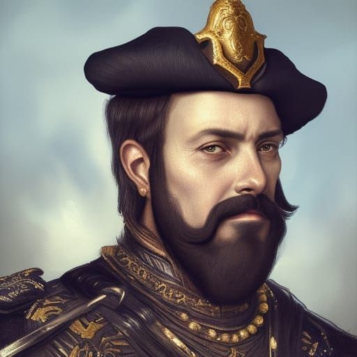 noble conquistador spaniard, black velvet clothing, golden embroidery