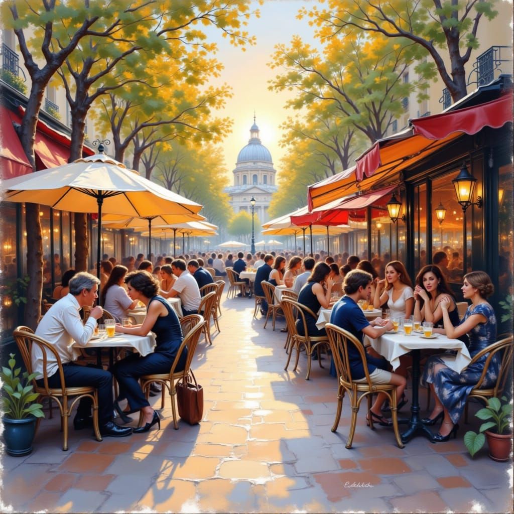 Parisian Cafe Sunset in Impressionist Style