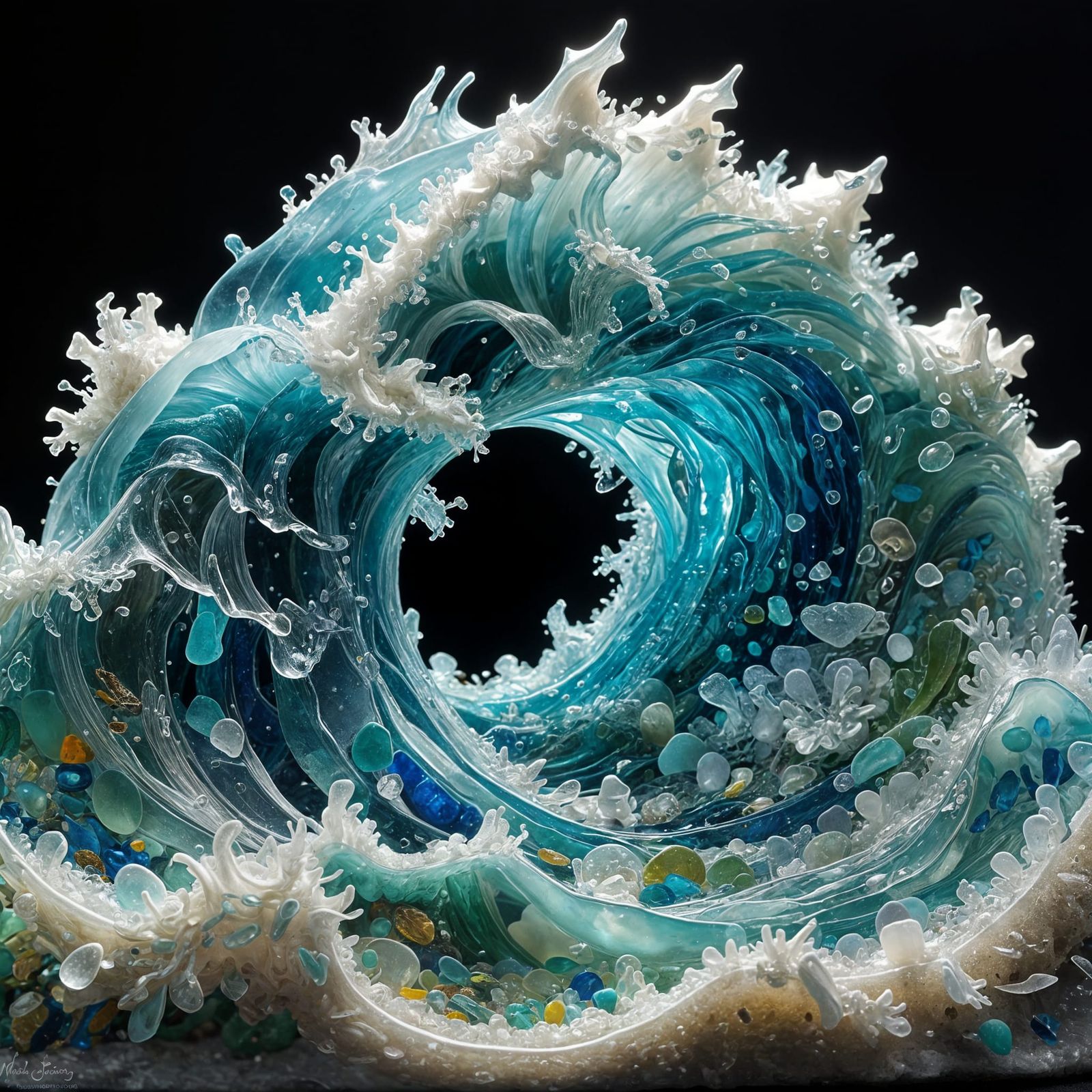 A beautiful highly detailed sculpture of an ocean wave created from sea glass   by @Uncle Bubba