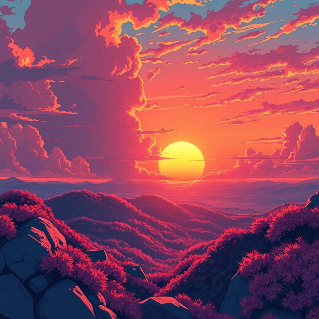 Anime-Inspired Sunset Landscape with Vibrant Hues
