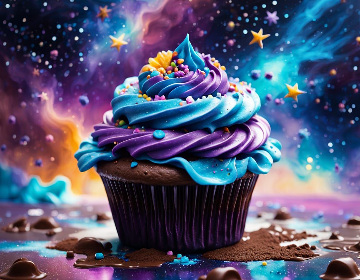 Cupcake Frosted with Galaxy Nebulae

"A luscious cupcake topped with swirling galaxy nebulae instead of frosting, with chocolate star cluste...