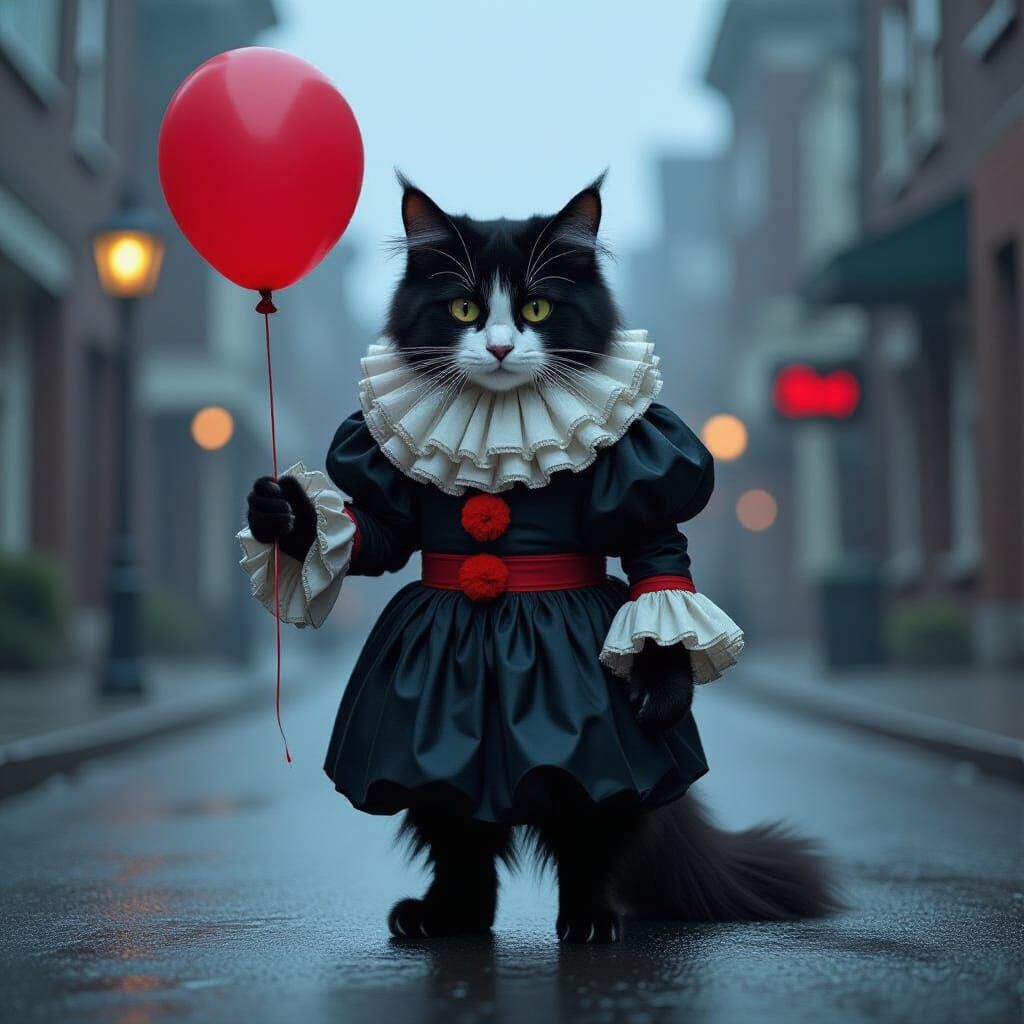 A fluffy black cat,  dressed up as the clown frOM IT  by @HowlingWolf