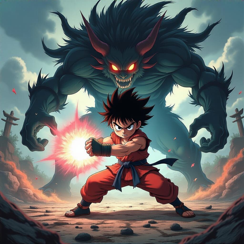 A determined young martial artist, with spiky hair and a determined expression, faces off against a monstrous ...  by @BEAST1966