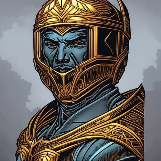 laurel wreath on the head of a golden armored king. his face is