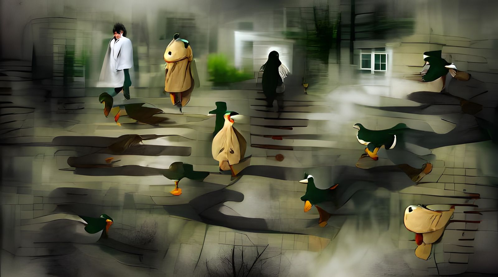 The Feeling You Are Being Followed by Three Ducks in a Trenc...