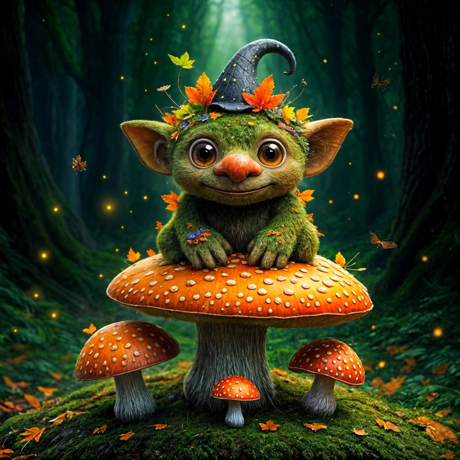 an adorable A hyper-realistic digital artwork of an adorable troll covered in moss, leaves and mushrooms, ...  by @Summerchild