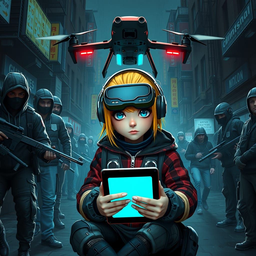 Dwarf in Cyberpunk Street with Hostile Gang and Drones