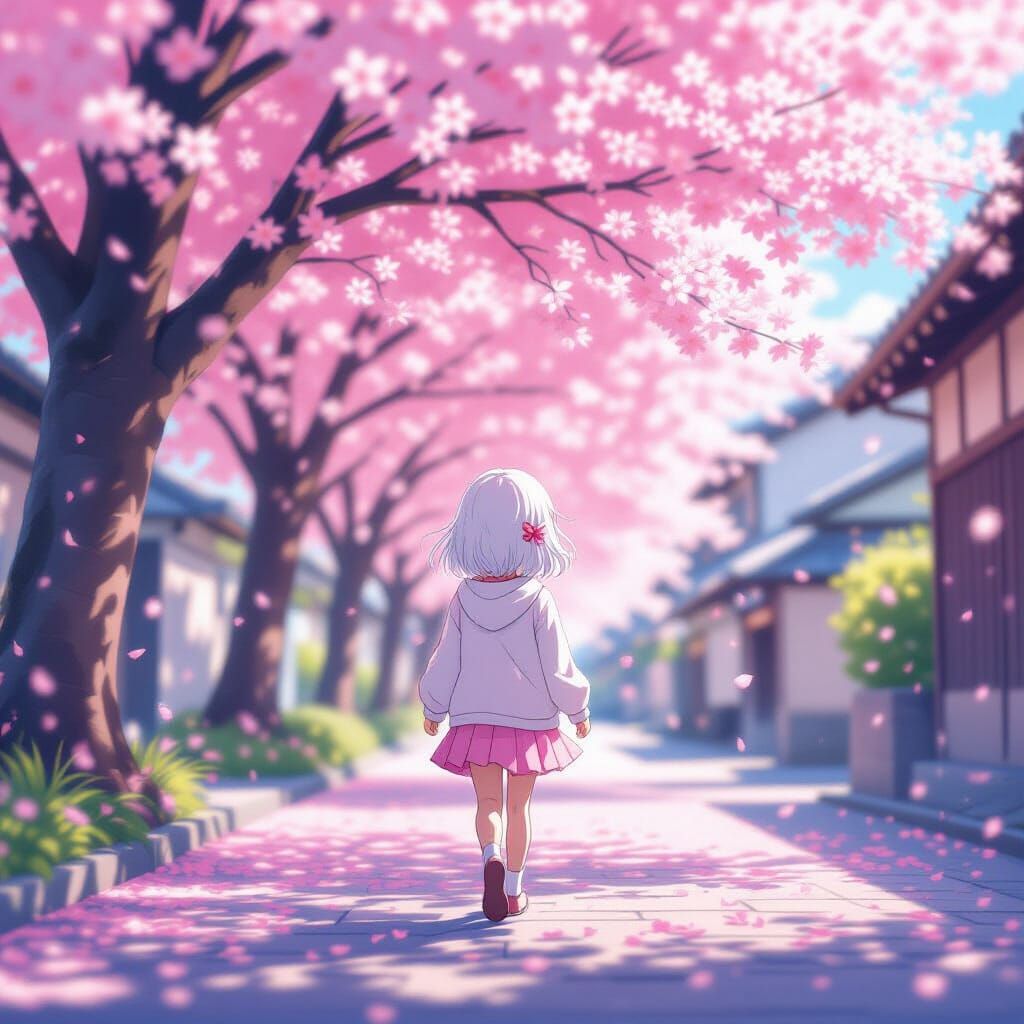 Ethereal Anime Girl Walks Through Cherry Blossoms