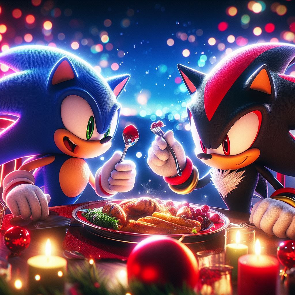 Sonic and Shadow the hedgehog eating Christmas Meal