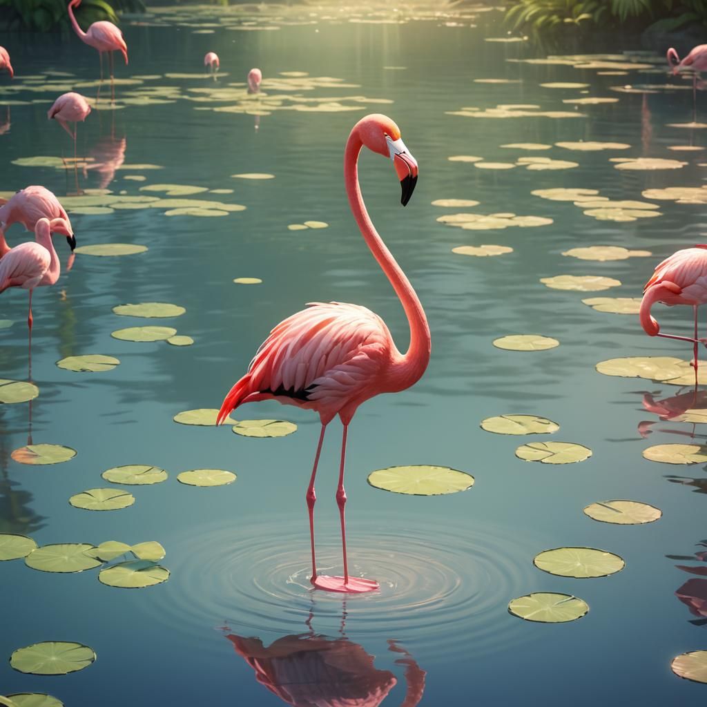 one single bird flamingo in a shining pond